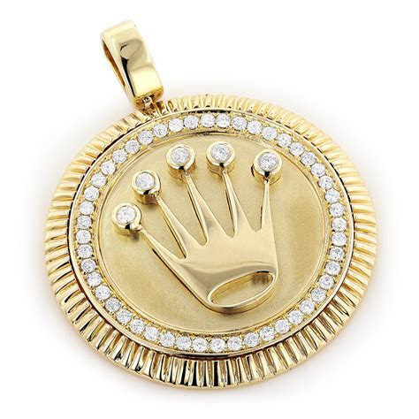 Rolex Style Diamond Pendant 3ct 10K Yellow Gold Crown Medallion